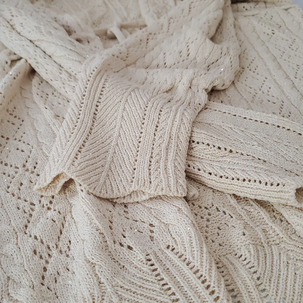 NKN Nekane Ecru Beige Sequin Knit Drawstring Waist Cardigan Small/Medium NWT